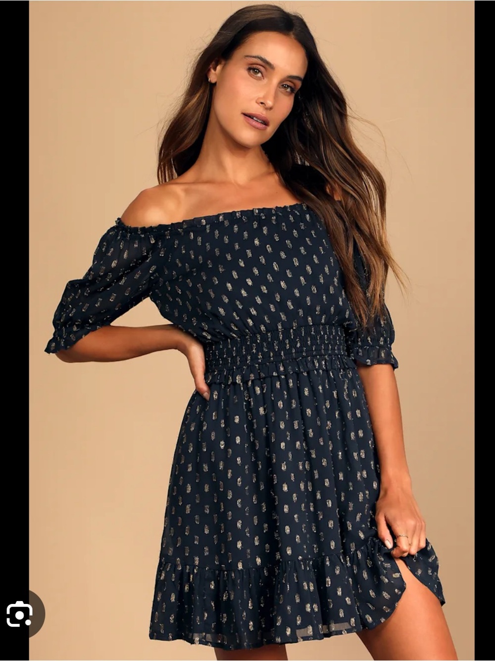 Lulu's Navy Blue Off-the-Shoulder Dotted Mini Dress